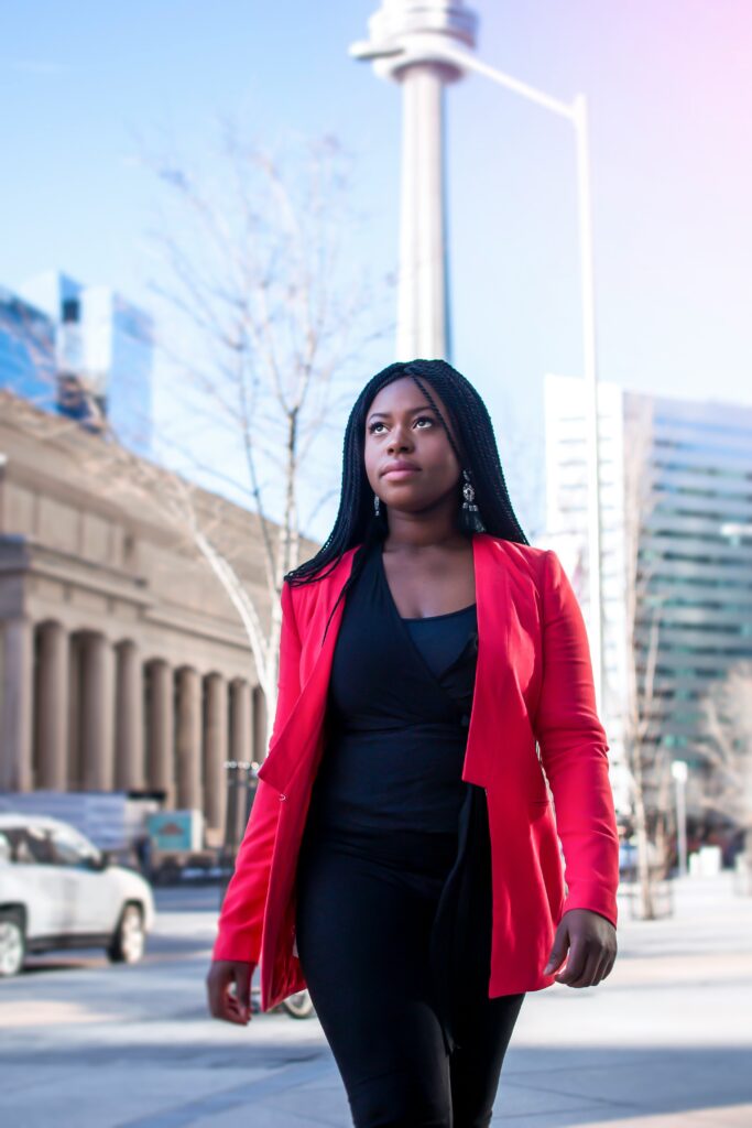 woman walking with self-confidence down the street. 